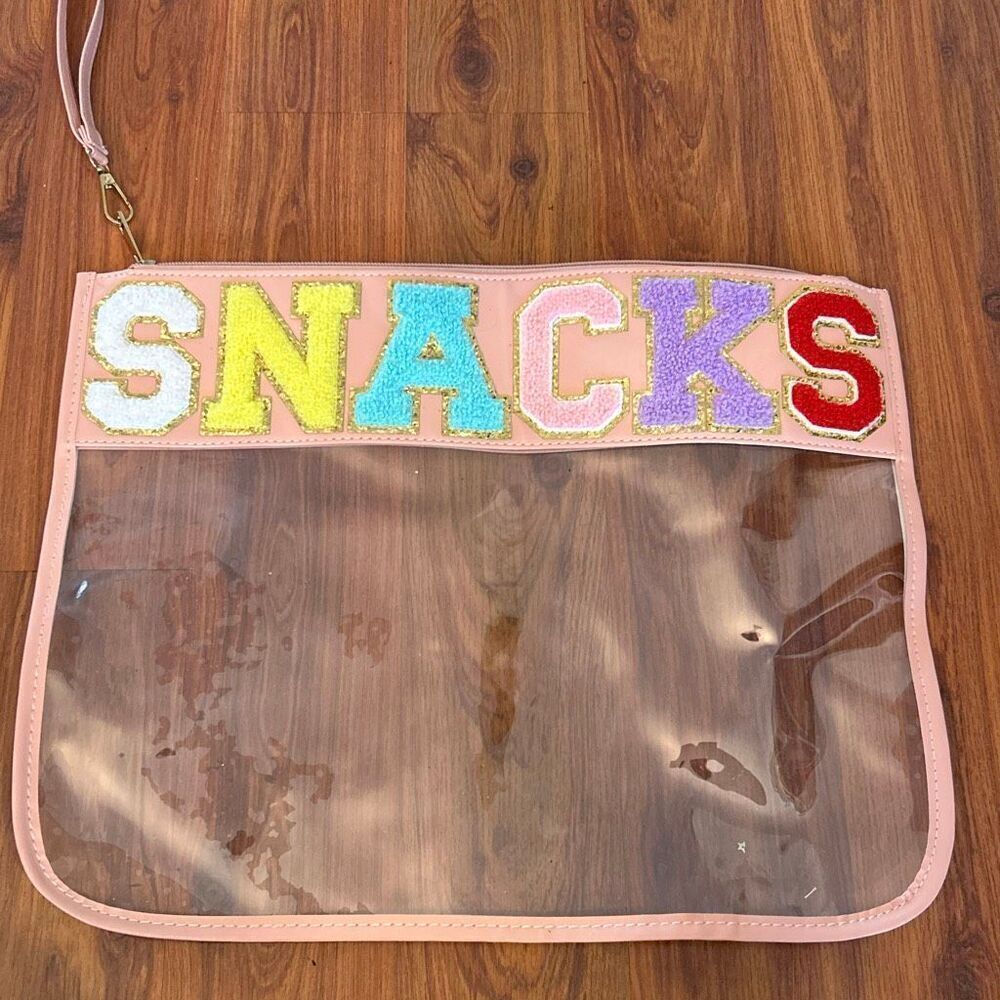 Large SNACKS Chenille letters vinyl clear snack bag pink lunch tote wristlet